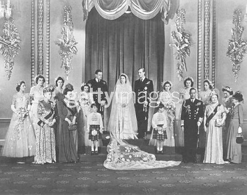 Princess Elizabeth Prince Philip with bridal party and members of Royal Family 2.jpg